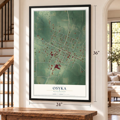 Osyka, Mississippi map, 24 x 36 inch print in a black frame by a staircase
