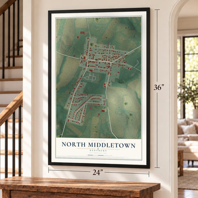 North Middletown, Kentucky map, 24 x 36 inch print in a black frame by a staircase