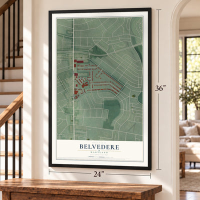 Belvedere, Maryland map, 24 x 36 inch print in a black frame by a staircase