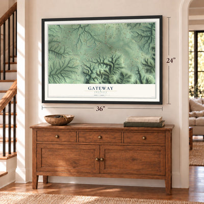Gateway, Arkansas map, 24 x 36 inch print in a black frame above a dresser by a staircase