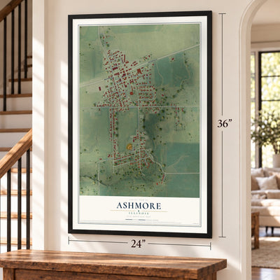 Ashmore, Illinois map, 24 x 36 inch print in a black frame by a staircase