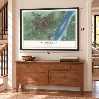 Wilmington, Delaware map, 24 x 36 inch print in a black frame above a dresser by a staircase