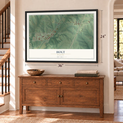 Holt, Missouri map, 24 x 36 inch print in a black frame above a dresser by a staircase