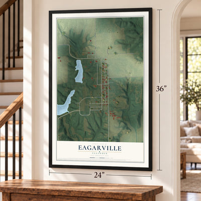 Eagarville, Illinois map, 24 x 36 inch print in a black frame by a staircase