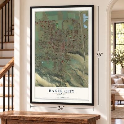 Baker City, Oregon map, 24 x 36 inch print in a black frame by a staircase