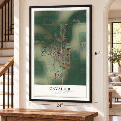Cavalier, North Dakota map, 24 x 36 inch print in a black frame by a staircase