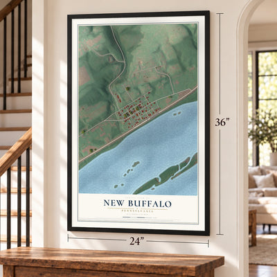 New Buffalo, Pennsylvania map, 24 x 36 inch print in a black frame by a staircase