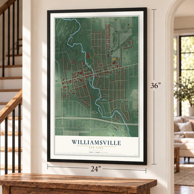 Williamsville, New York map, 24 x 36 inch print in a black frame by a staircase