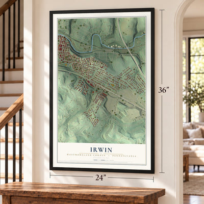 Irwin, Westmoreland County, Pennsylvania map, 24 x 36 inch print in a black frame by a staircase