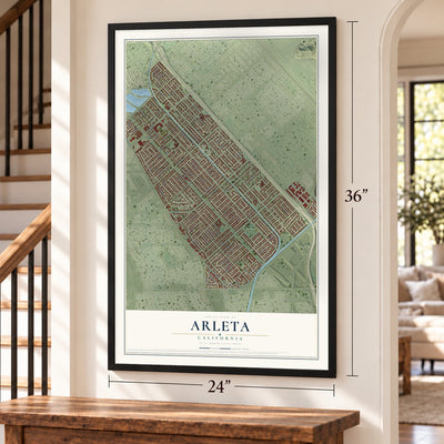Arleta, California map, 24 x 36 inch print in a black frame by a staircase