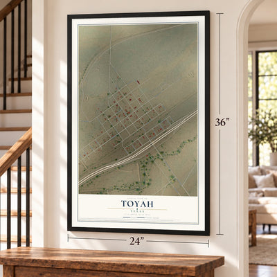 Toyah, Texas map, 24 x 36 inch print in a black frame by a staircase