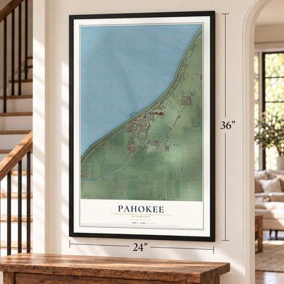 Pahokee, Florida map, 24 x 36 inch print in a black frame by a staircase