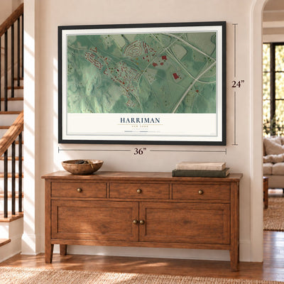 Harriman, New York map, 24 x 36 inch print in a black frame above a dresser by a staircase