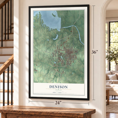 Denison, Texas map, 24 x 36 inch print in a black frame by a staircase