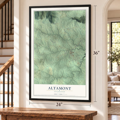 Altamont, Tennessee map, 24 x 36 inch print in a black frame by a staircase