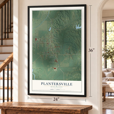 Plantersville, Mississippi map, 24 x 36 inch print in a black frame by a staircase