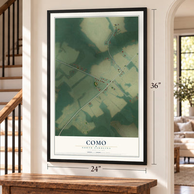 Como, North Carolina map, 24 x 36 inch print in a black frame by a staircase