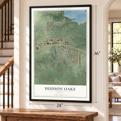 Hudson Oaks, Texas map, 24 x 36 inch print in a black frame by a staircase