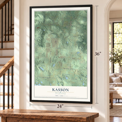 Kasson, Michigan map, 24 x 36 inch print in a black frame by a staircase