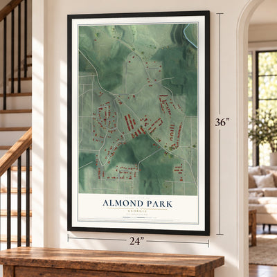 Almond Park, Georgia map, 24 x 36 inch print in a black frame by a staircase