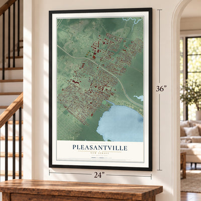 Pleasantville, New Jersey map, 24 x 36 inch print in a black frame by a staircase