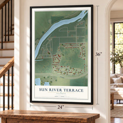 Sun River Terrace, Illinois map, 24 x 36 inch print in a black frame by a staircase