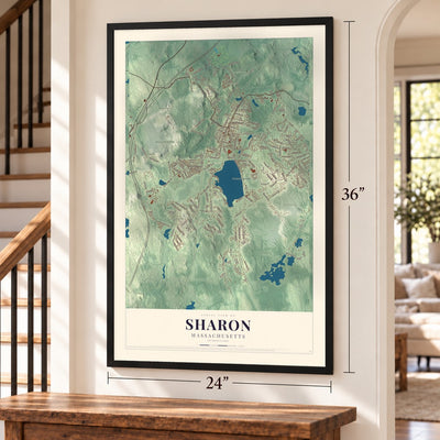 Sharon, Massachusetts map, 24 x 36 inch print in a black frame by a staircase