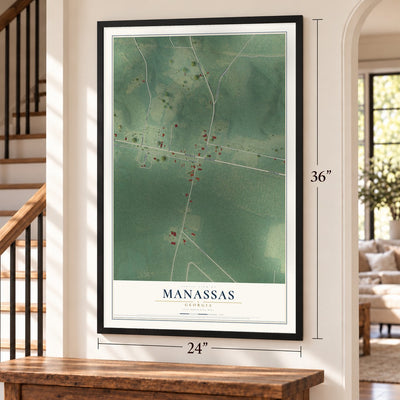Manassas, Georgia map, 24 x 36 inch print in a black frame by a staircase