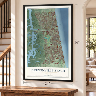 Jacksonville Beach, Florida map, 24 x 36 inch print in a black frame by a staircase