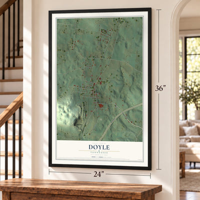 Doyle, Tennessee map, 24 x 36 inch print in a black frame by a staircase