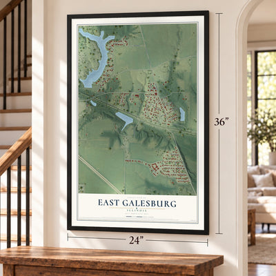 East Galesburg, Illinois map, 24 x 36 inch print in a black frame by a staircase