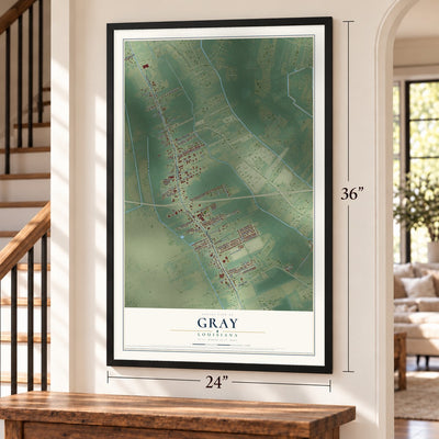 Gray, Louisiana map, 24 x 36 inch print in a black frame by a staircase