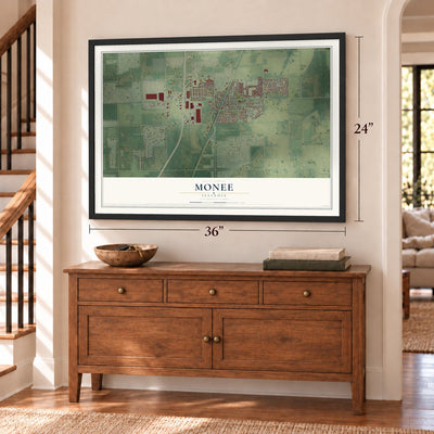 Monee, Illinois map, 24 x 36 inch print in a black frame above a dresser by a staircase