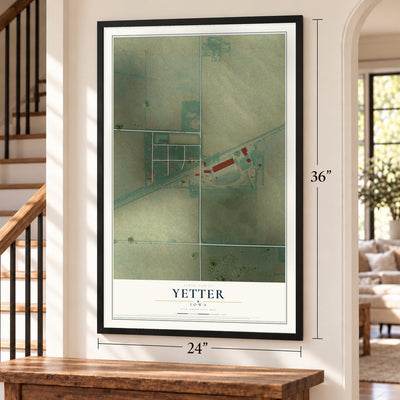 Yetter, Iowa map, 24 x 36 inch print in a black frame by a staircase