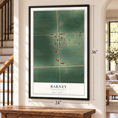 Barney, North Dakota map, 24 x 36 inch print in a black frame by a staircase