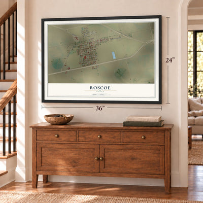 Roscoe, Texas map, 24 x 36 inch print in a black frame above a dresser by a staircase