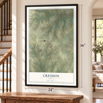 Cresson, Texas map, 24 x 36 inch print in a black frame by a staircase