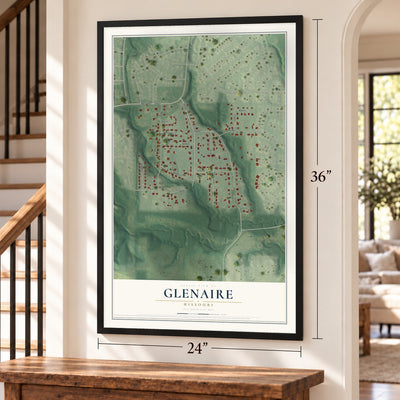 Glenaire, Missouri map, 24 x 36 inch print in a black frame by a staircase
