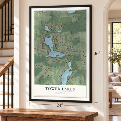 Tower Lakes, Illinois map, 24 x 36 inch print in a black frame by a staircase