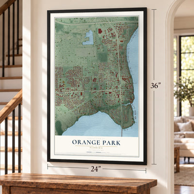 Orange Park, Florida map, 24 x 36 inch print in a black frame by a staircase