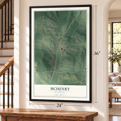 McHenry, Kentucky map, 24 x 36 inch print in a black frame by a staircase