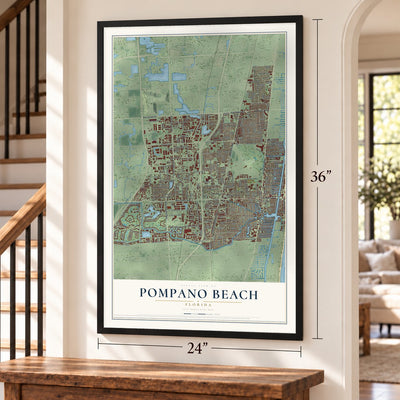 Pompano Beach, Florida map, 24 x 36 inch print in a black frame by a staircase