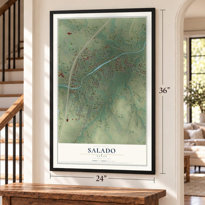 Salado, Texas map, 24 x 36 inch print in a black frame by a staircase