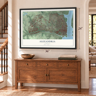 Alexandria, Virginia map, 24 x 36 inch print in a black frame above a dresser by a staircase