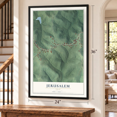 Jerusalem, Ohio map, 24 x 36 inch print in a black frame by a staircase