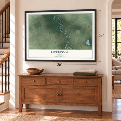 Liverpool, Texas map, 24 x 36 inch print in a black frame above a dresser by a staircase