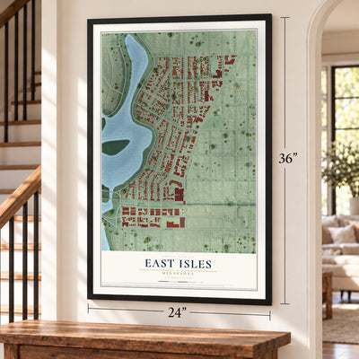 East Isles, Minnesota map, 24 x 36 inch print in a black frame by a staircase