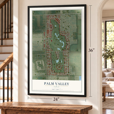 Palm Valley, Texas map, 24 x 36 inch print in a black frame by a staircase