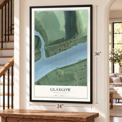 Glasgow, Pennsylvania map, 24 x 36 inch print in a black frame by a staircase