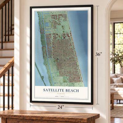 Satellite Beach, Florida map, 24 x 36 inch print in a black frame by a staircase
